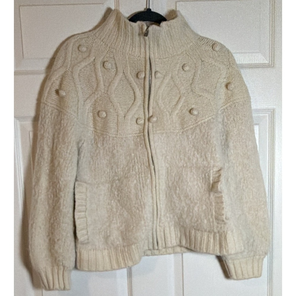 Madewell Women's Small Cream Cable Knit Pom Pom Zip Front Sweater Jacket